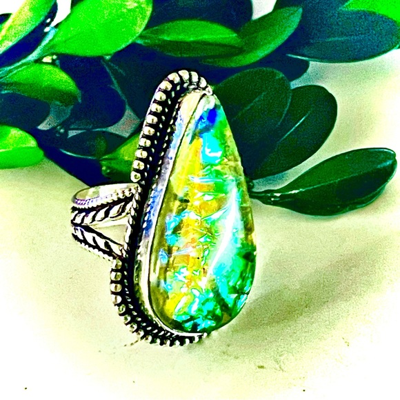 New 925 Sterling Silver Green Yellow Triplet Opalite Artisten Tear Drop Ring - Picture 7 of 17